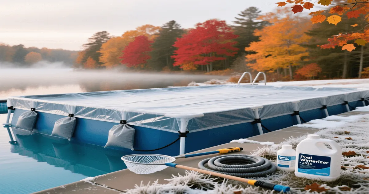Step-by-step winter pool closing: solid cover secured with water bags, skimmer gizzmo, and winterizing chemicals ready for seasonal shutdown